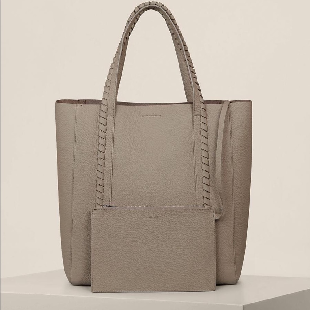 AllSaints Ray East West Pebbled Leather Tote Bag and Leather Pouch - Picture 2 of 10